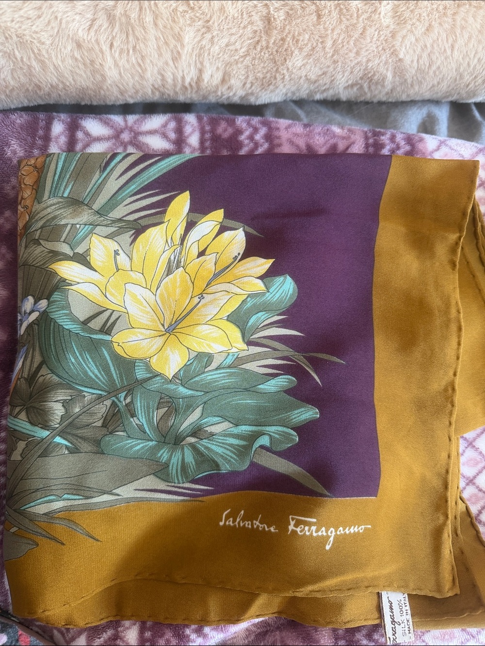 Salvatore Ferragamo Purple, Mustard & Teal Floral Silk Scarf